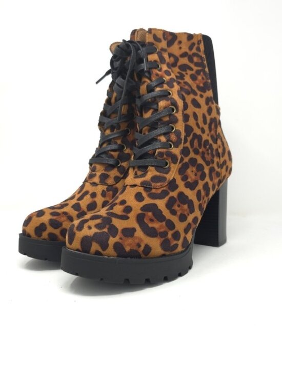 Forever Link Shoes - Leopard Print Chunky Heel Ankle Boots Faux Suede Lace Up Platform Zipper Trendy